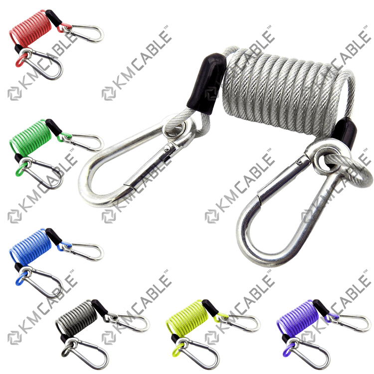 Grey Retractable Steel Wire Coiled Lanyard Safety Rope with Swivel Carabiner 